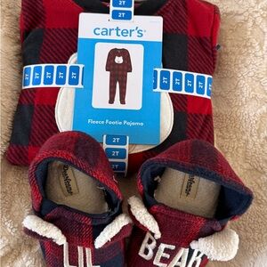 Carter's Red and Black Checkered Pajama Set with Bear Slippers